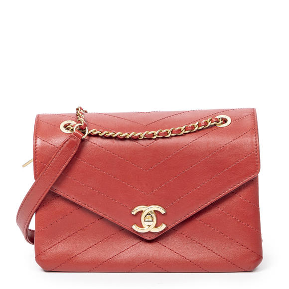 Chanel Handbags - Chanel Chevron Envelope Flap in Red Quilted Chevron Leather